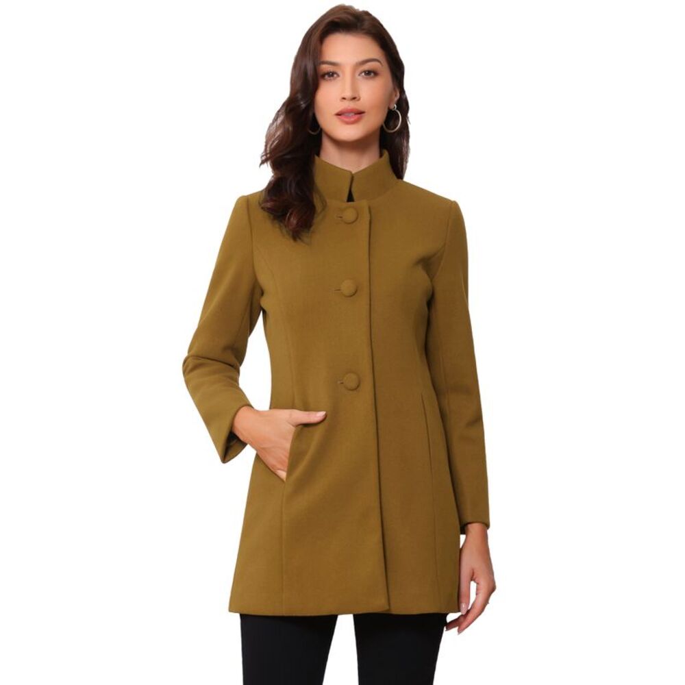 Winter Overcoat Mid-thigh Stand Collar Single Breasted Long Coat Deep Brown